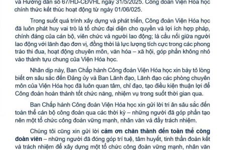 Thư cảm ơn của Công đoàn Viện Hóa học